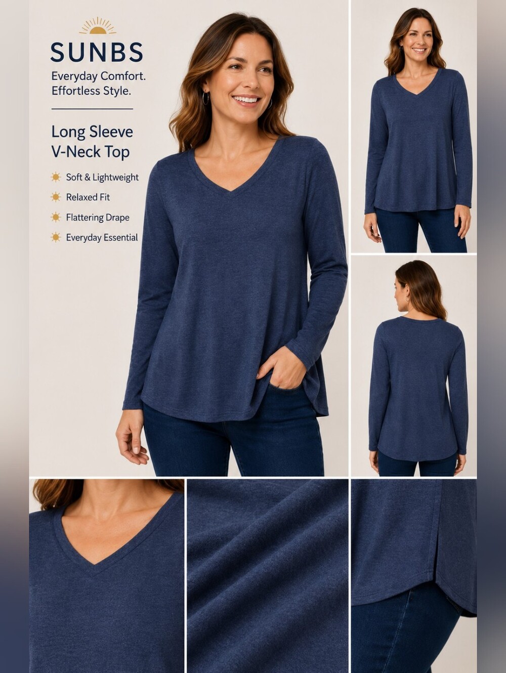 SUNBS Women's Long Sleeve V-Neck Tunic Top Blue NWT Soft Stretch Casual Size M